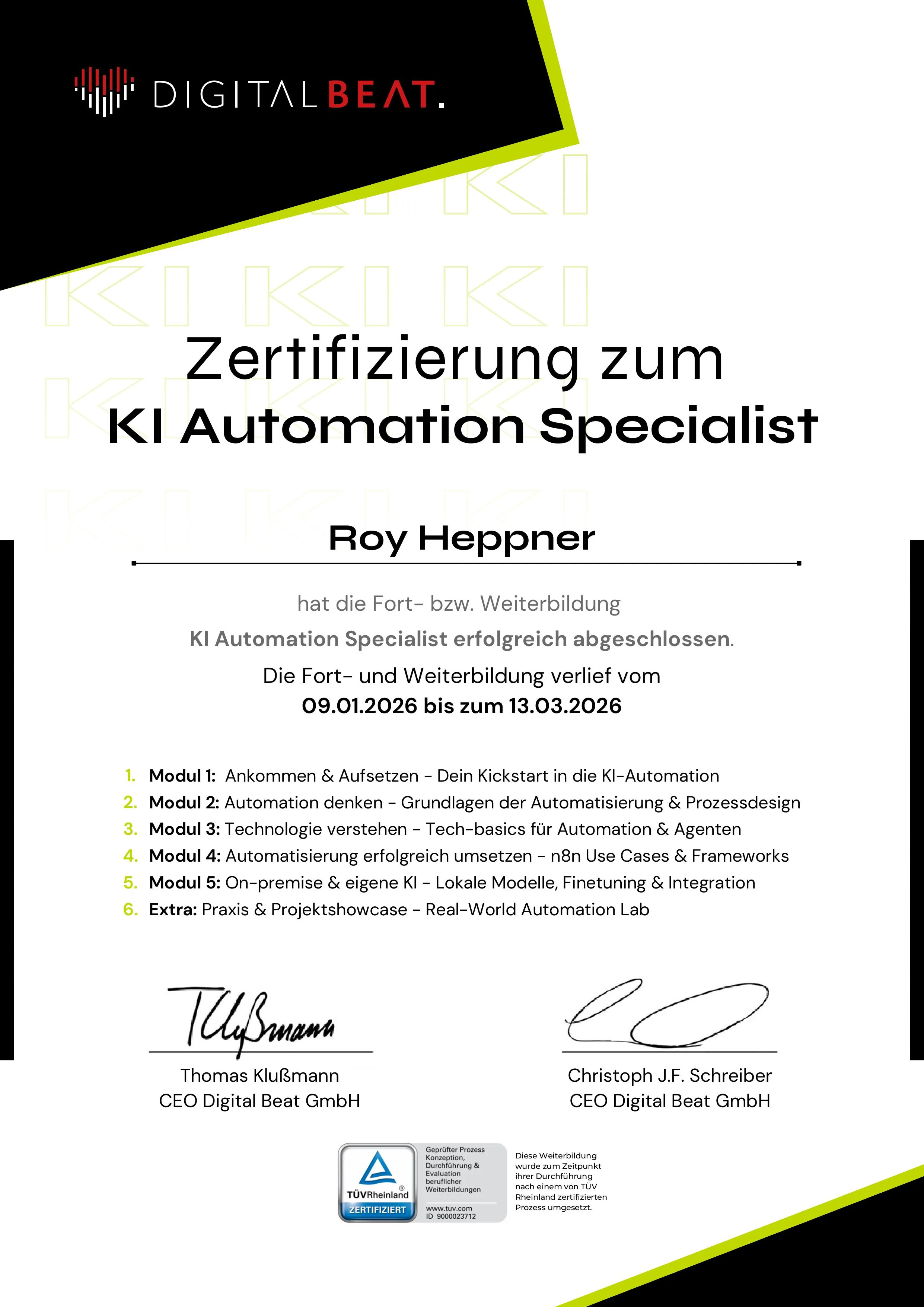 Zertifikat KI-Automatisierung &ndash; Roy Heppner